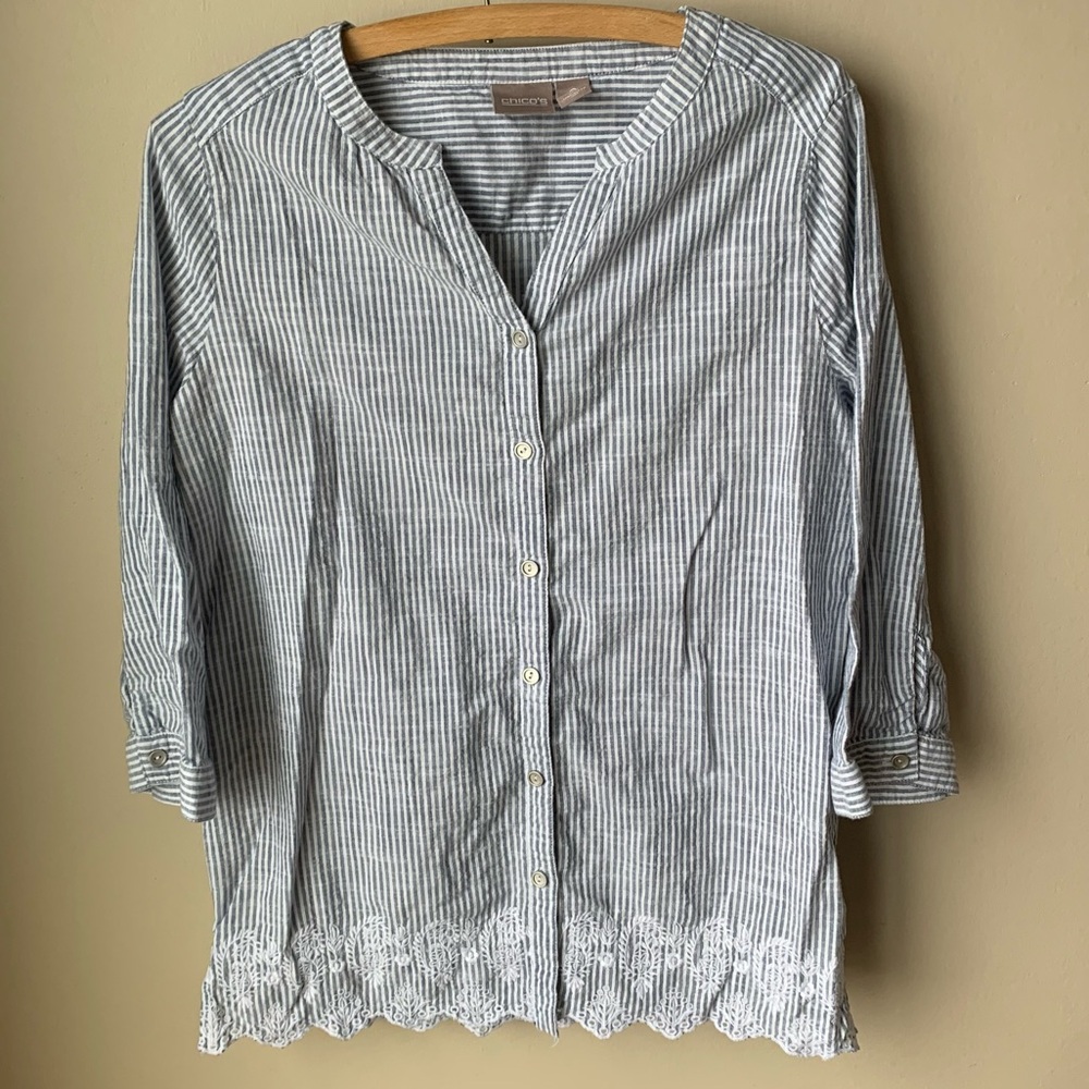 Chico’s striped floral lace embroidered button front top